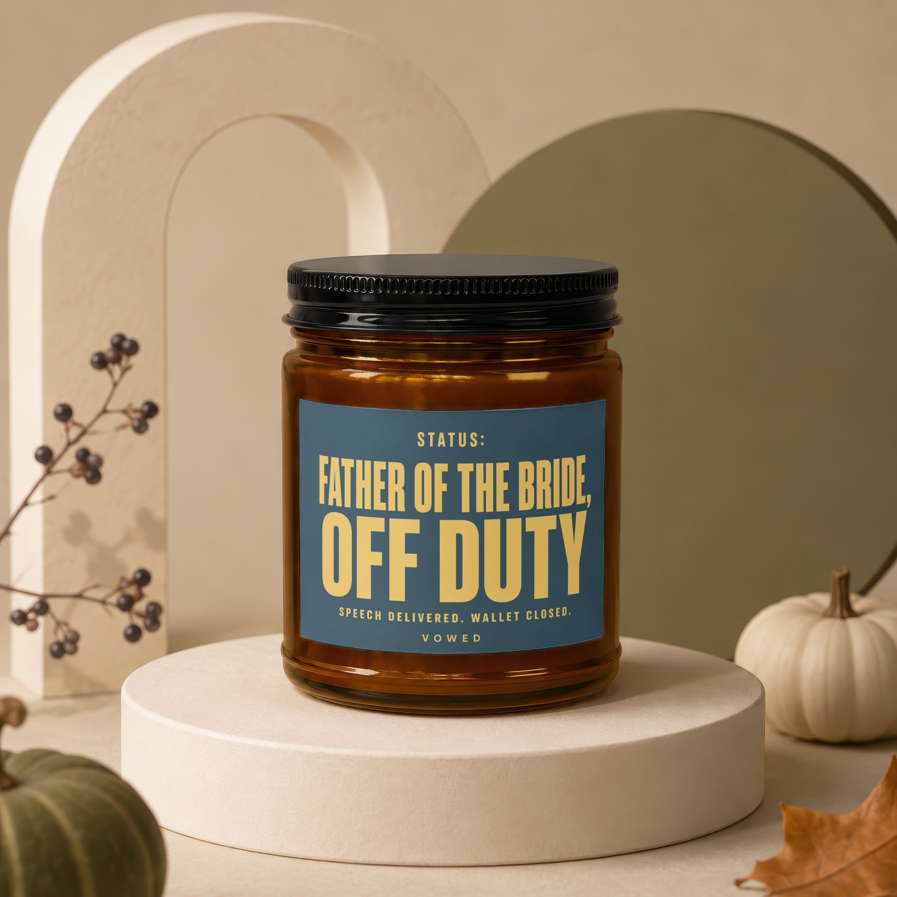 Amber jar candle with "Father of the Bride, Off Duty" text.