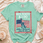 Red, White & I Do graphic tee with Statue of Liberty and fireworks.