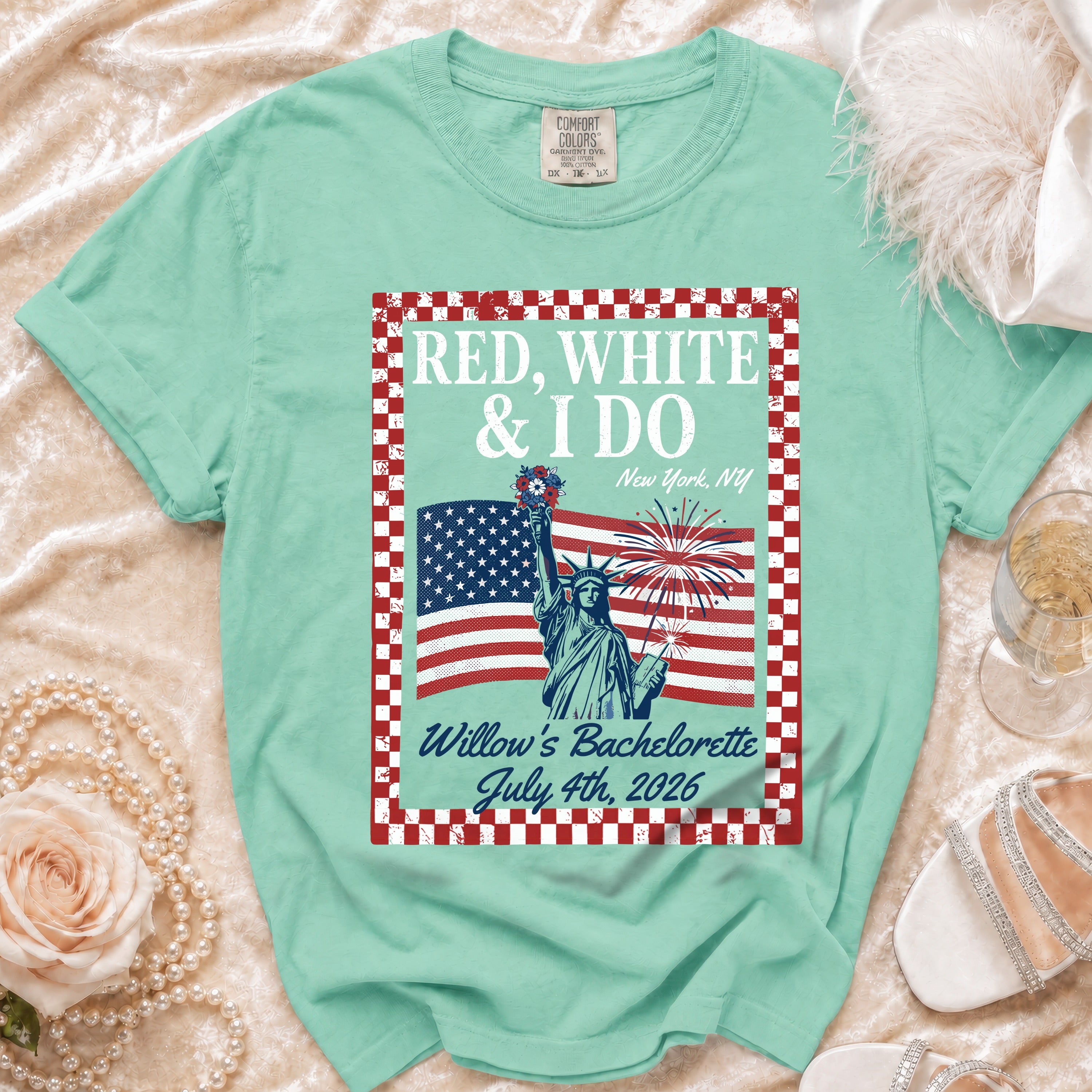 Red, White & I Do graphic tee with Statue of Liberty and fireworks.