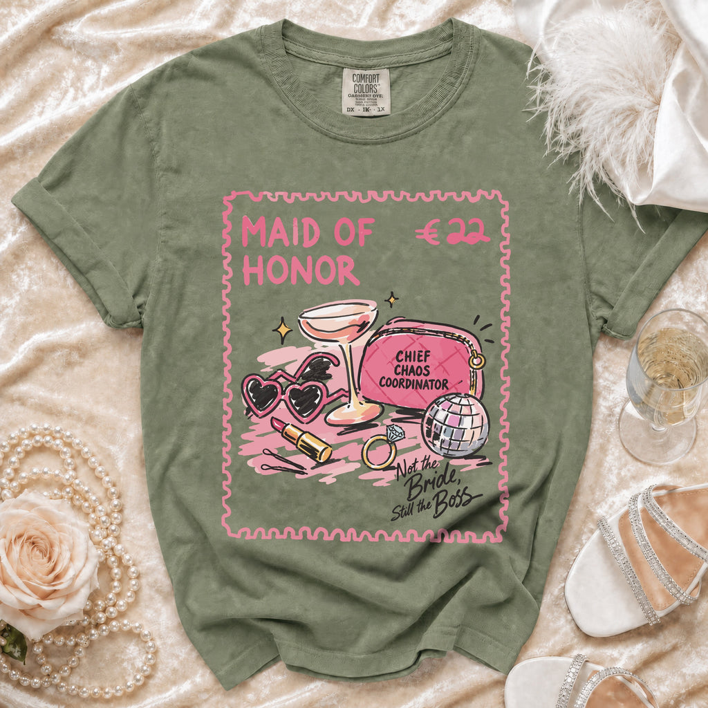 Olive green t-shirt with "Maid of Honor" graphic and fun bridal party accessories.