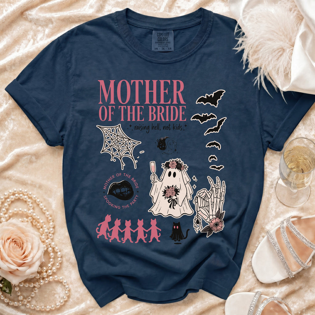 Navy t-shirt with "Mother of the Bride" graphic and spooky-themed illustrations.