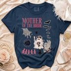 Navy t-shirt with "Mother of the Bride" graphic and spooky-themed illustrations.