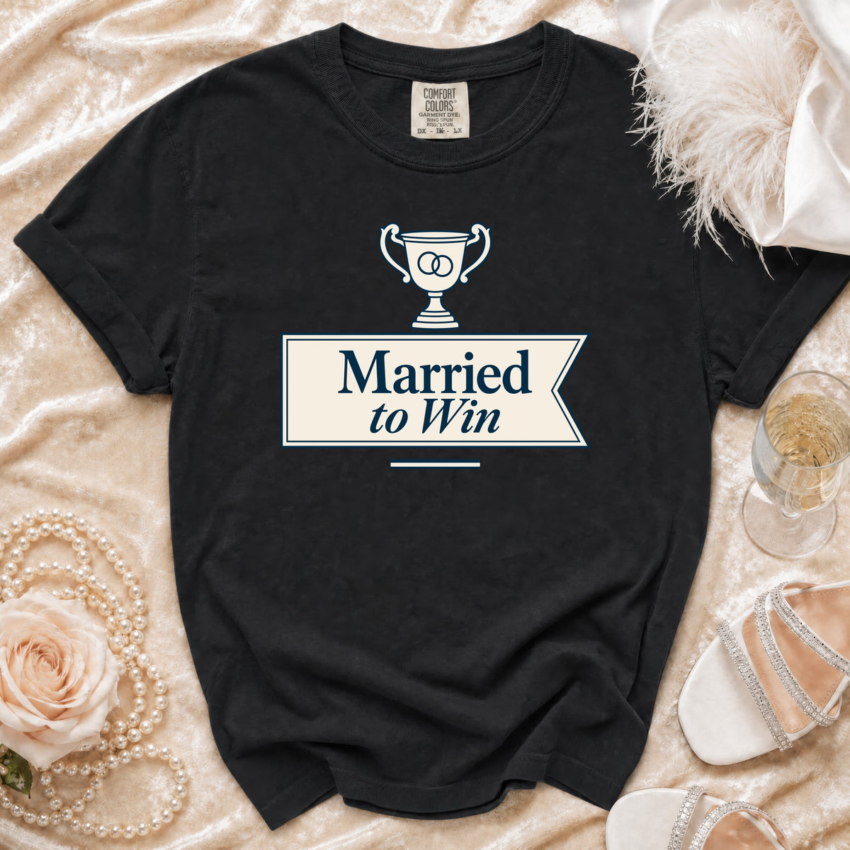 Black t-shirt with "Married to Win" text and a trophy graphic.