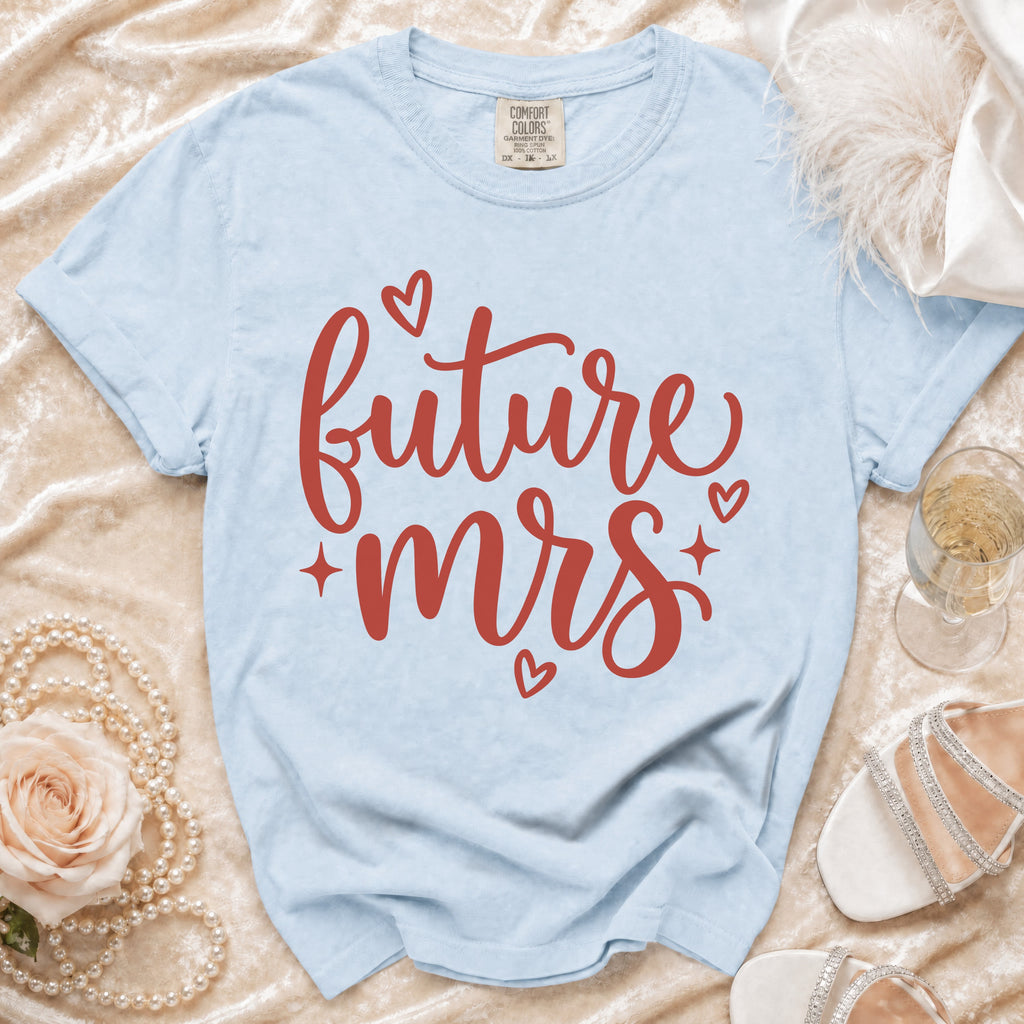 Light blue t-shirt with red "future mrs" text, featuring a Comfort Colors tag.