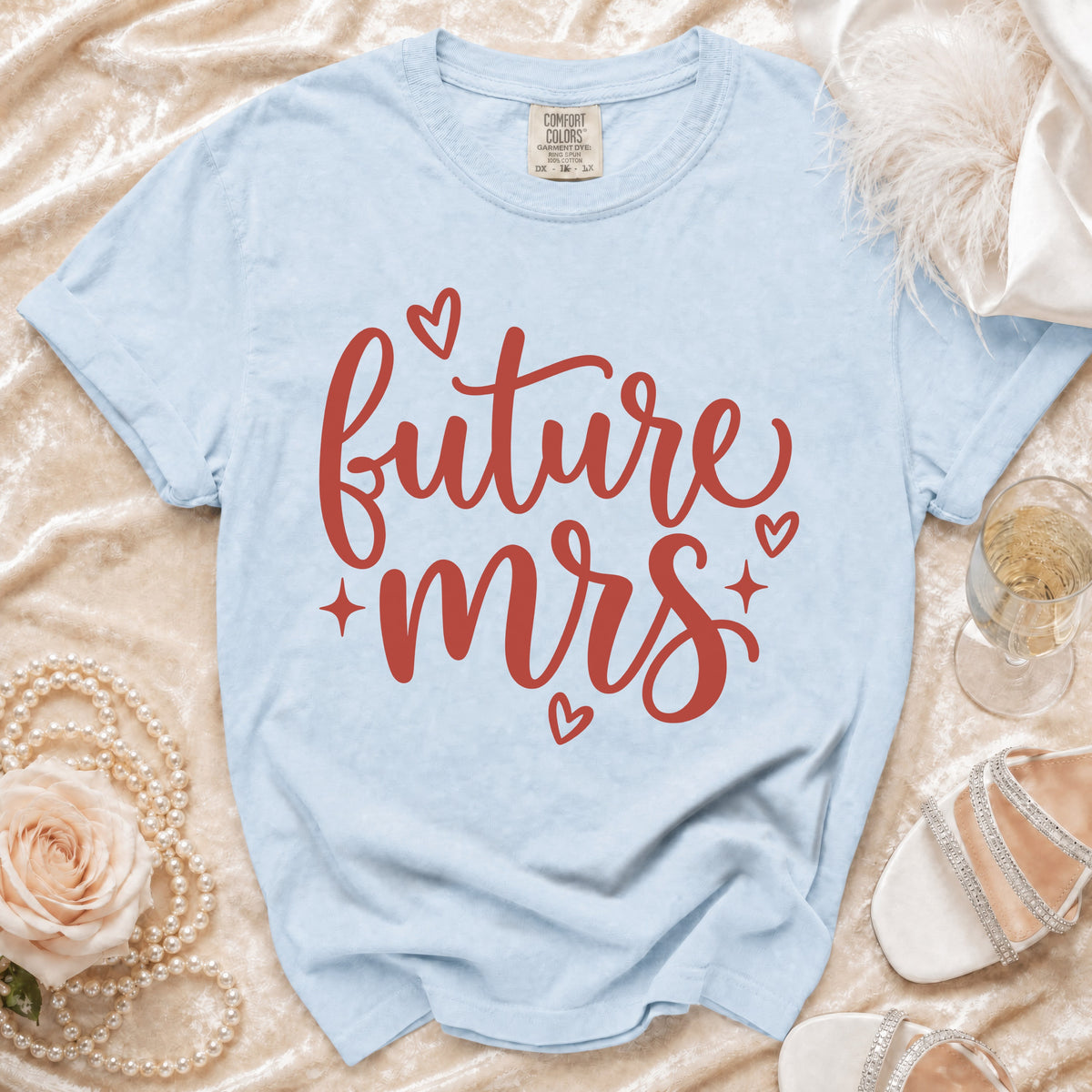 Light blue t-shirt with red "future mrs" text, featuring a Comfort Colors tag.