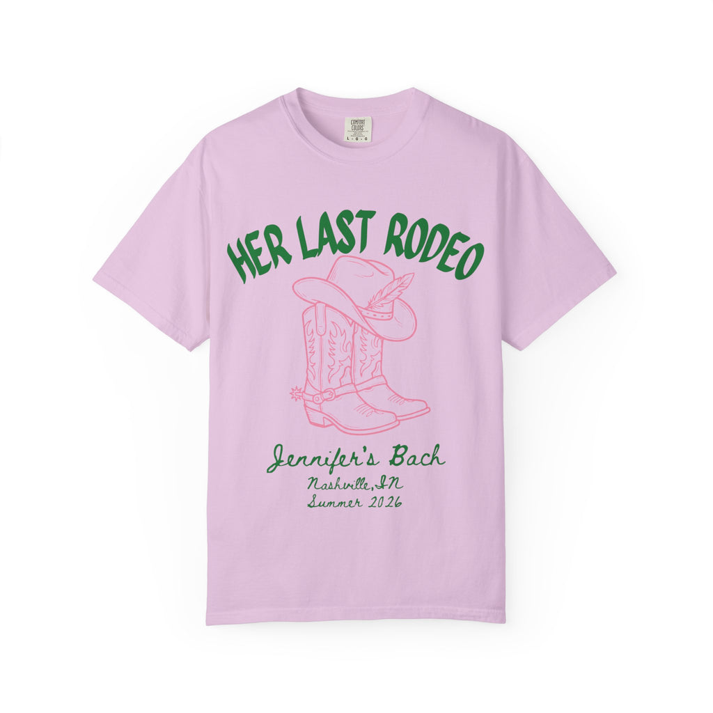 Pink t-shirt with cowboy boots, hat, and text "HER LAST RODEO Jennifer's Bach Nashville, IN Summer 2026".