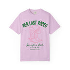 Pink t-shirt with cowboy boots, hat, and text "HER LAST RODEO Jennifer's Bach Nashville, IN Summer 2026".