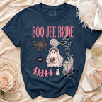Navy t-shirt with "BOO-JEE BRIDE" and Halloween-themed graphics.
