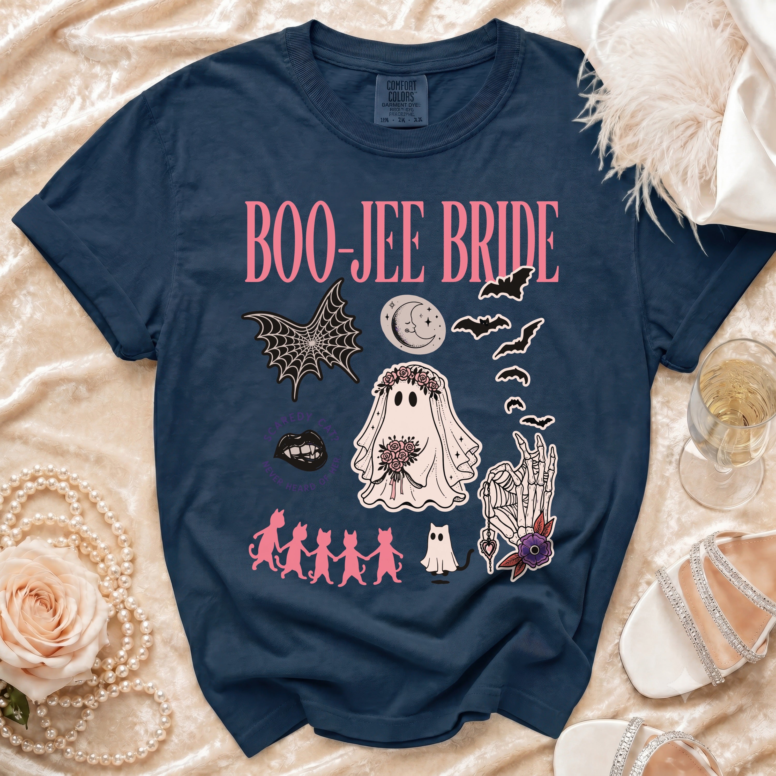 Navy t-shirt with "BOO-JEE BRIDE" and Halloween-themed graphics.