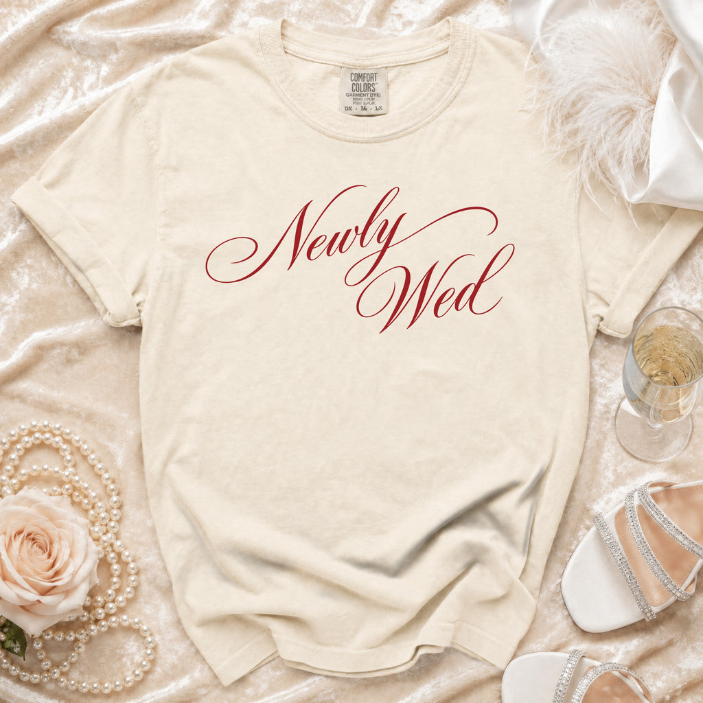Cream t-shirt with "Newly Wed" in red script, surrounded by wedding accessories.