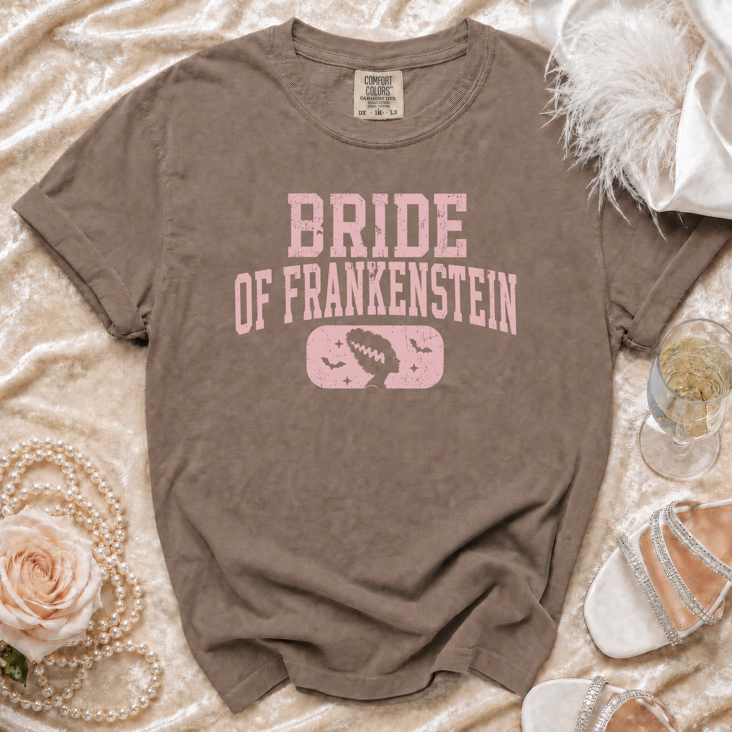 Brown t-shirt with "Bride of Frankenstein" text and graphic.