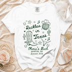 White t-shirt with "Reckless in Texas" and "Olivia's Bach Austin, TX Summer 2026".