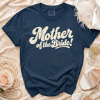 Navy blue t-shirt with "Mother of the Bride!" text.