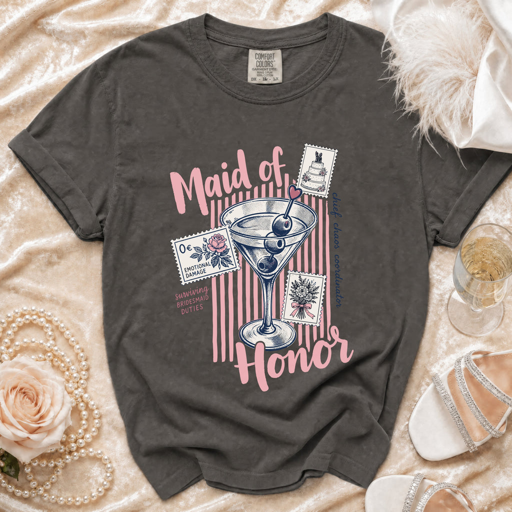 Maid of Honor title with martini glass, stamps, and "surviving bridesmaid duties" text.