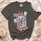 Maid of Honor title with martini glass, stamps, and "surviving bridesmaid duties" text.
