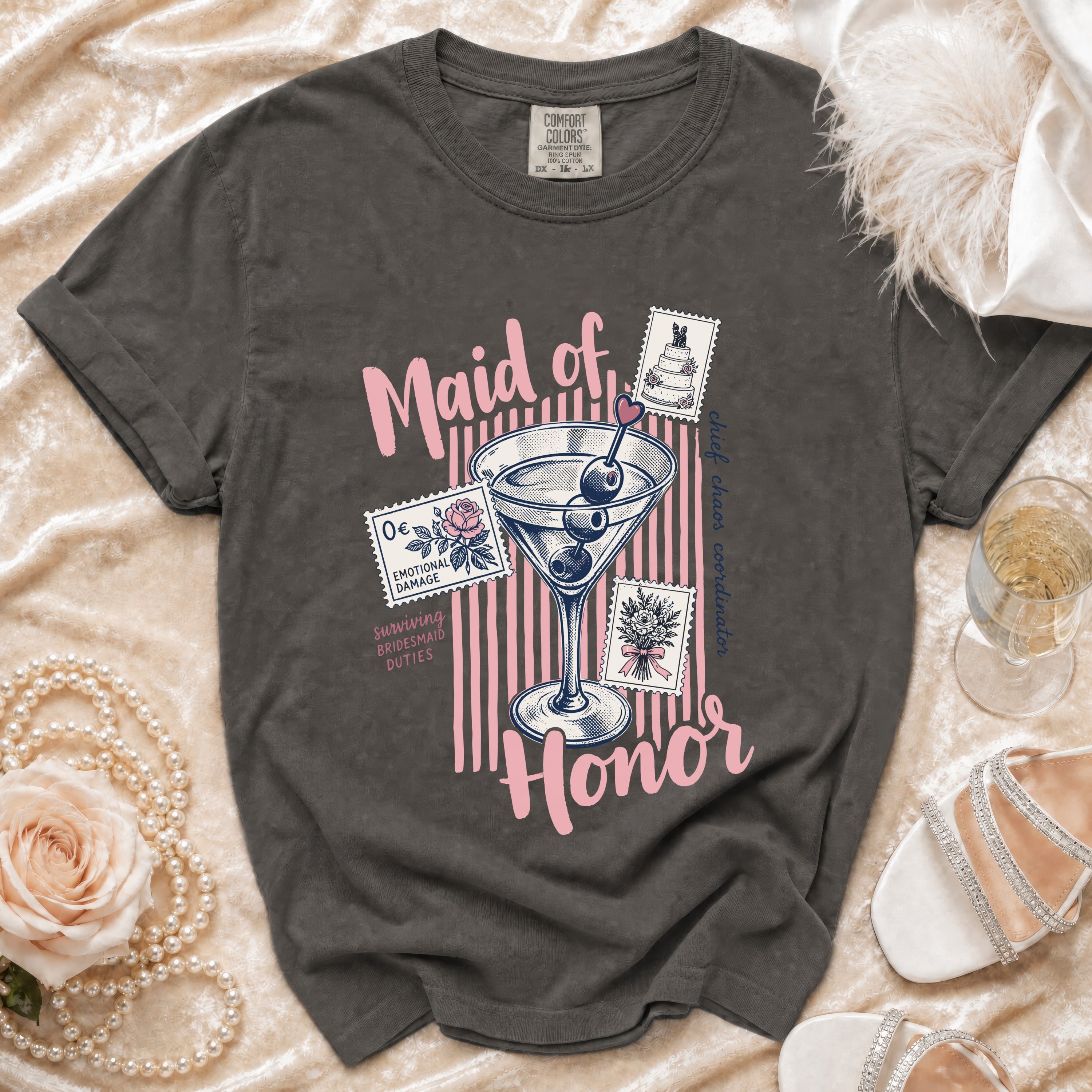 Maid of Honor title with martini glass, stamps, and "surviving bridesmaid duties" text.