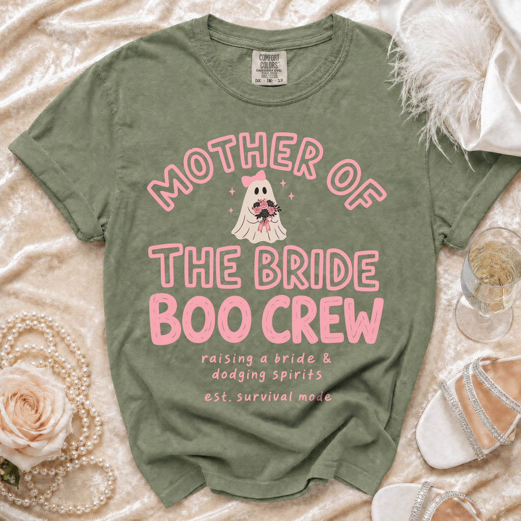 Green t-shirt with "Mother of the Bride Boo Crew" text and ghost graphic.