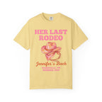 Yellow t-shirt with "Her Last Rodeo" and "Jennifer's Bach Nashville, TN Summer 2026" text.
