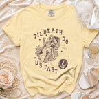 Yellow t-shirt with skeleton bride in coffin graphic and text "Til Death Do Us Part".