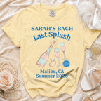 Yellow t-shirt with "Sarah's Bach Last Splash Malibu, CA Summer 2026" text.