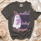 Gray Comfort Colors t-shirt with "Mother of the Bride today witch forever" text and ghost graphic.