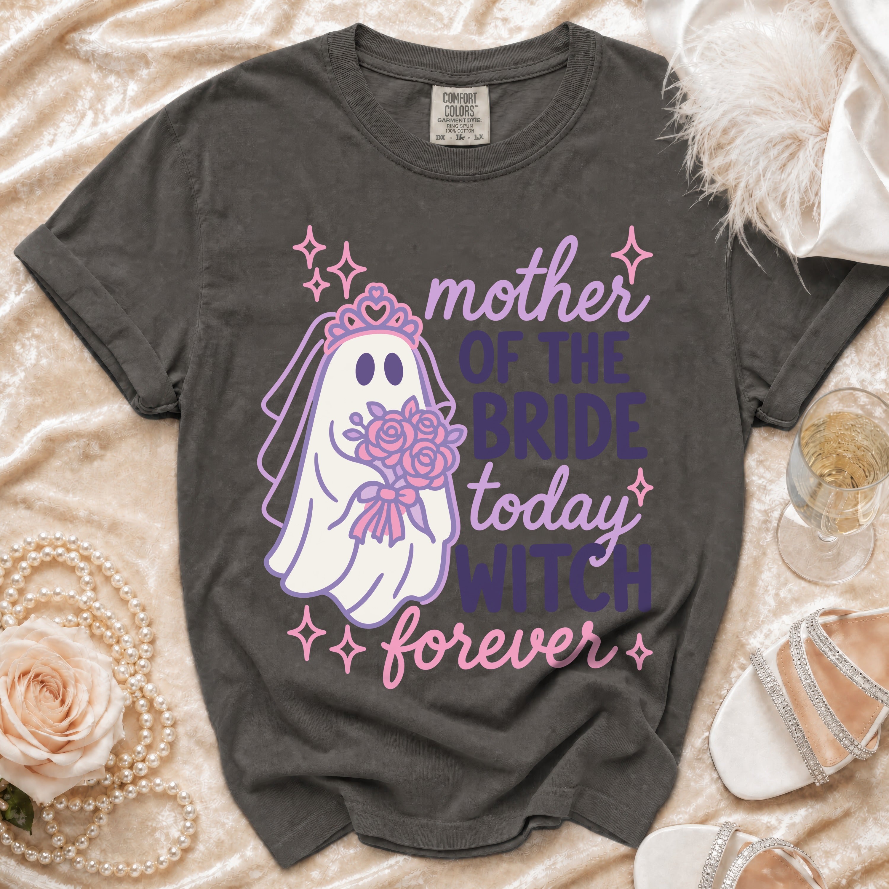 Gray Comfort Colors t-shirt with "Mother of the Bride today witch forever" text and ghost graphic.