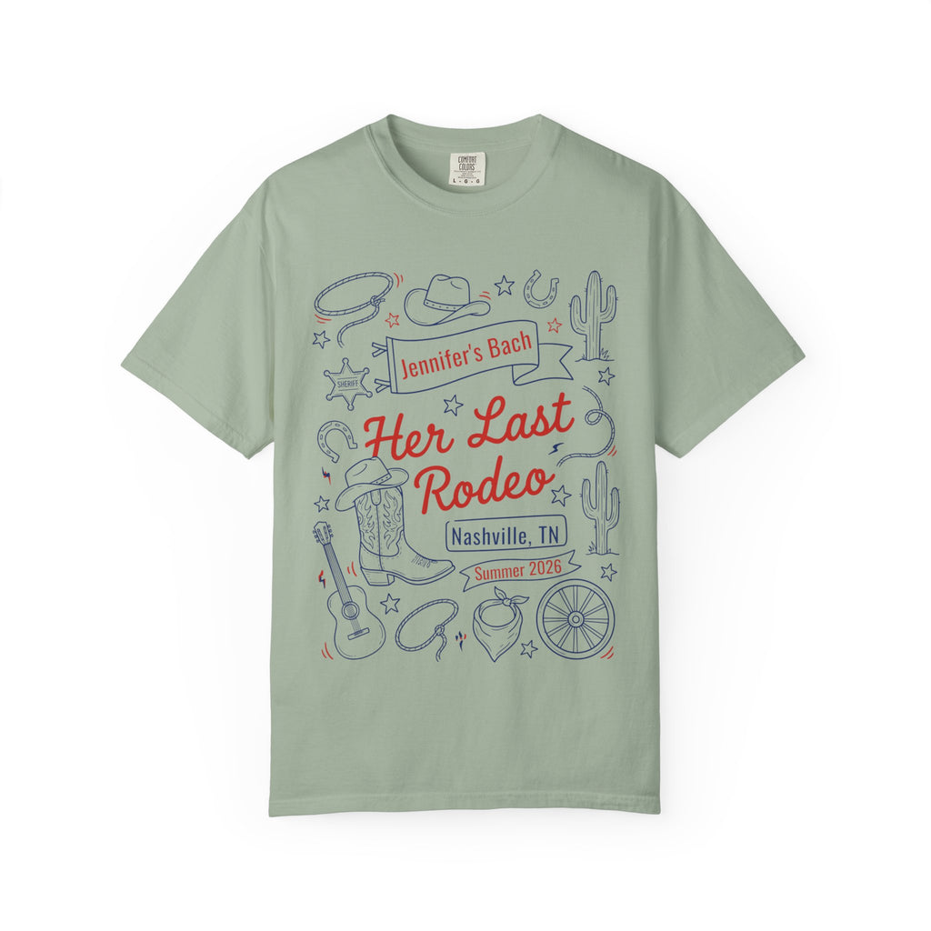 "Her Last Rodeo" t-shirt with cowboy boots, Sheriff's badge, and cactus graphics.