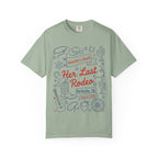 "Her Last Rodeo" t-shirt with cowboy boots, Sheriff's badge, and cactus graphics.