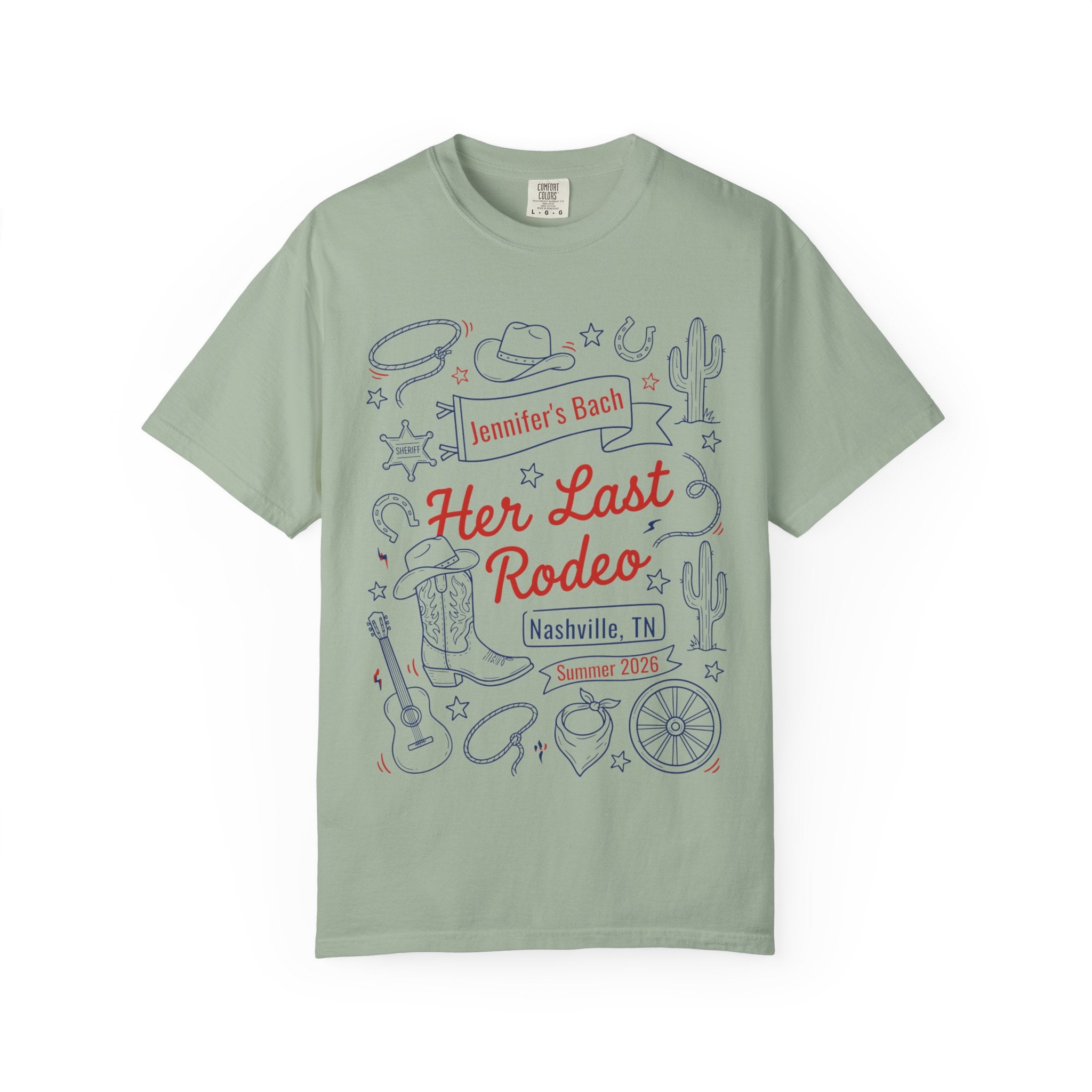 "Her Last Rodeo" t-shirt with cowboy boots, Sheriff's badge, and cactus graphics.