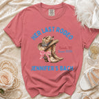 Pink t-shirt with "Her Last Rodeo Nashville, TN Summer 2026 Jennifer's Bach" text and cowboy boots.