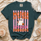 Dark teal t-shirt with "Mother of the Bride Spookin' Fabulous" text and a ghost.