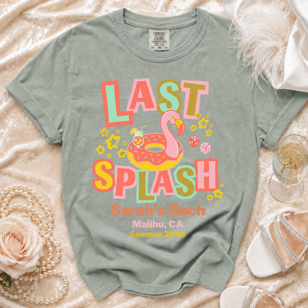 T-shirt with "LAST SPLASH" text, flamingo, and beach graphics for Sarah's Bach.