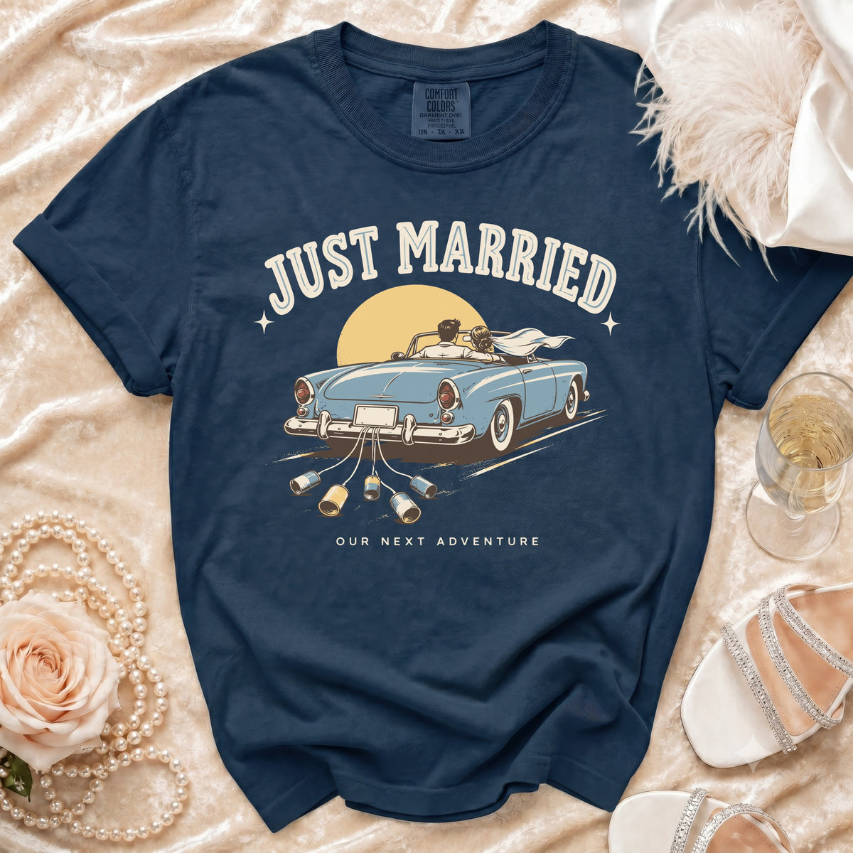 Navy t-shirt with "JUST MARRIED" and wedding car graphic.