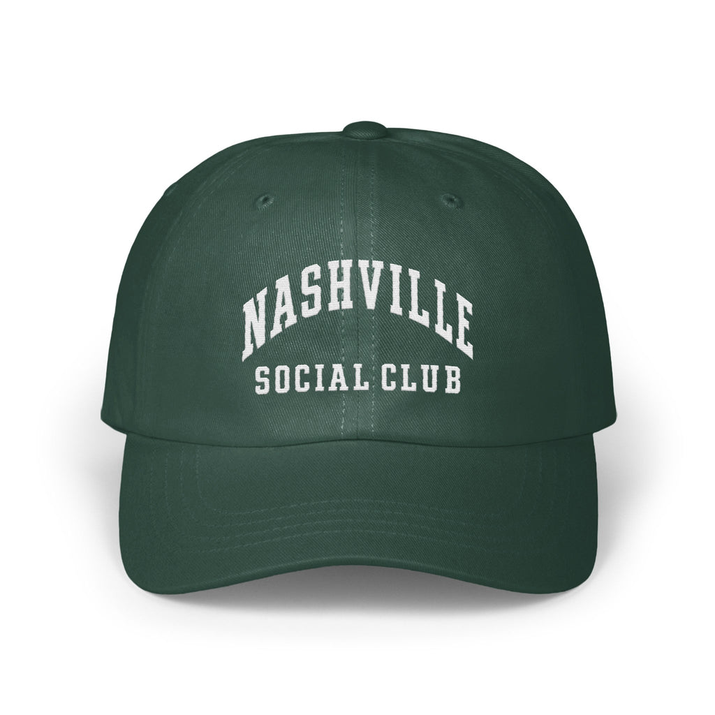 Dark green baseball cap with white embroidered text reading Nashville Social Club on the front.