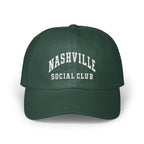 Dark green baseball cap with white embroidered text reading Nashville Social Club on the front.