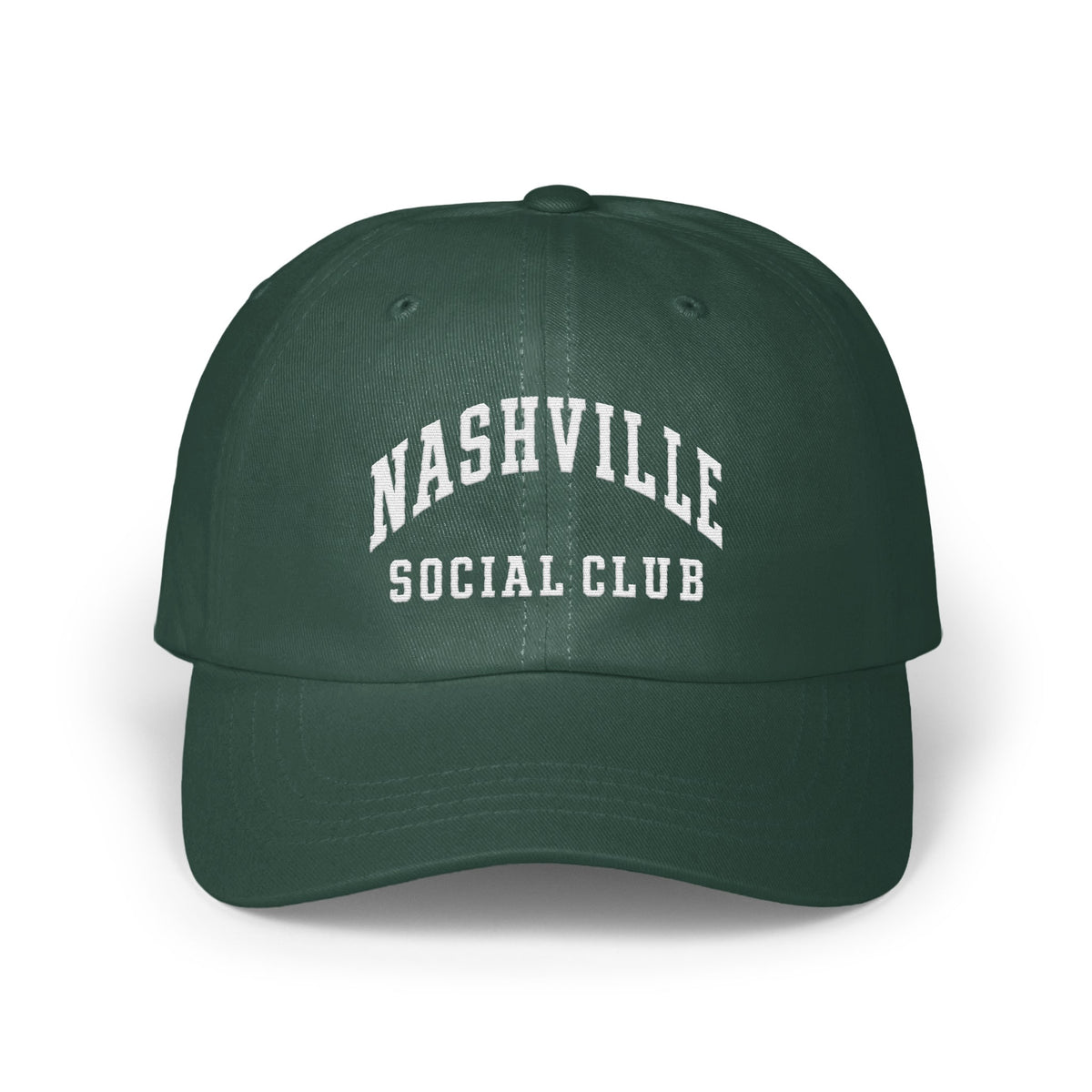 Dark green baseball cap with white embroidered text reading Nashville Social Club on the front.