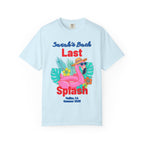 Light blue t-shirt with "Sarah's Bach Last Splash" and flamingo design.