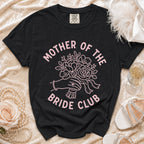 Black t-shirt with pink "Mother of the Bride Club" floral graphic.