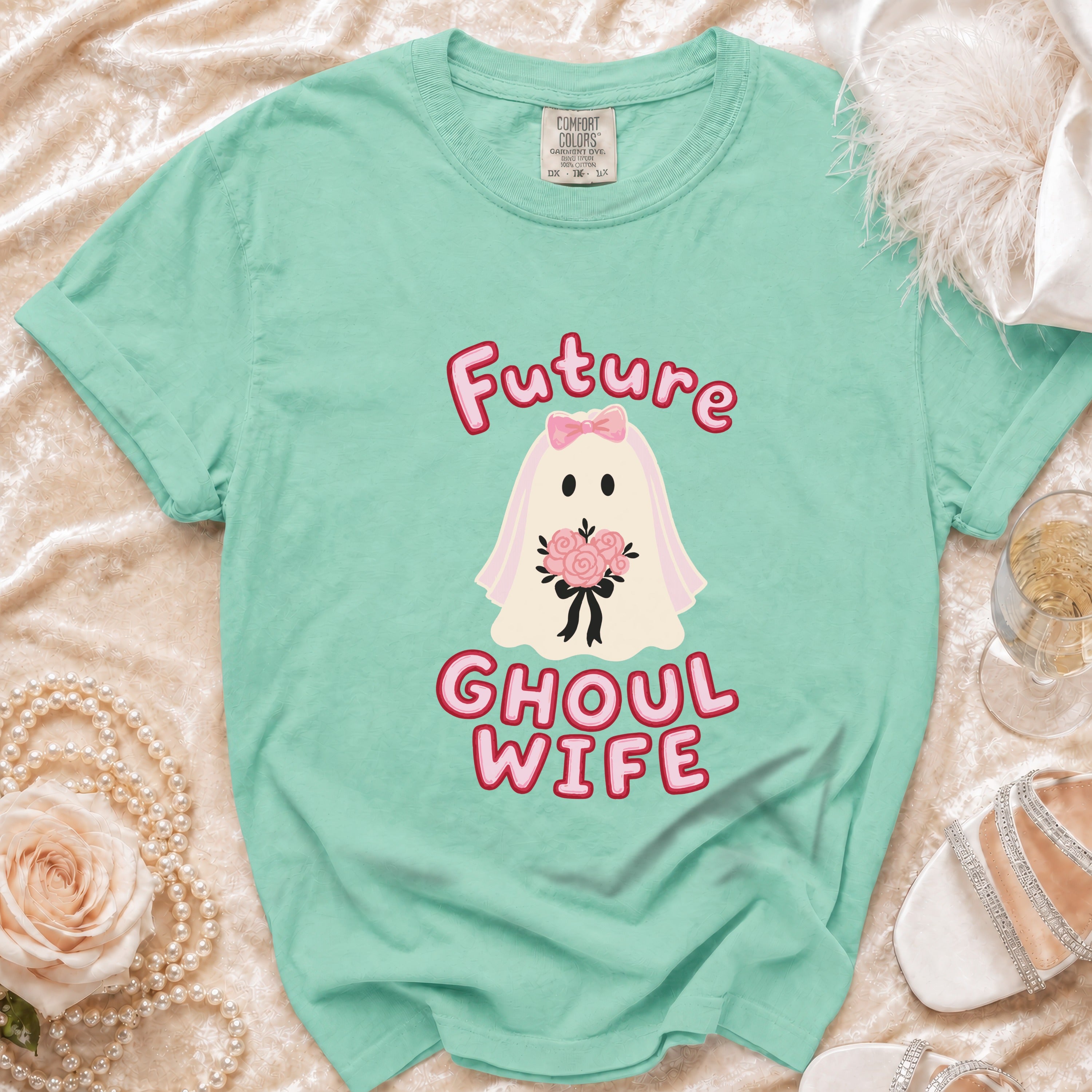 Mint green t-shirt with "Future Ghoul Wife" text and ghost graphic.