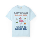 Light blue t-shirt with "Last Splash Sarah's Bach Malibu, CA Summer 2026" and graphics.
