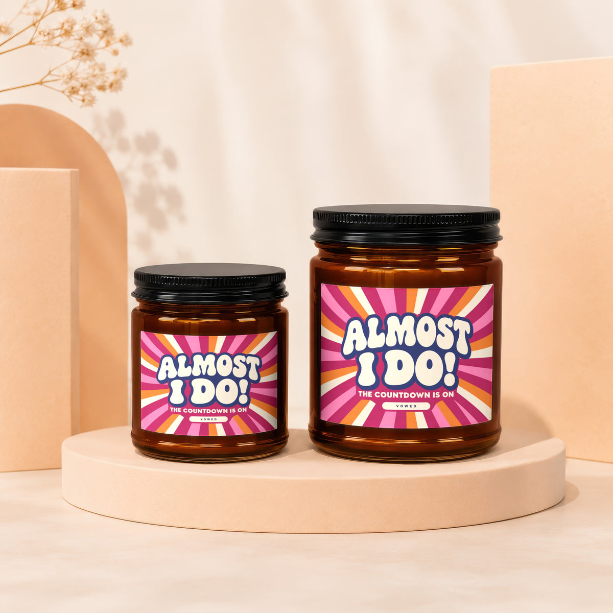 Two amber jars with black lids, featuring "Almost I Do! The Countdown is On" labels.