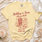 Yellow t-shirt with "Reckless in Texas Olivia's Bach" and Texas-themed graphics.