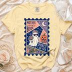 Yellow t-shirt with "Mother of the Bride Spookiest Job Ever" ghost graphic.