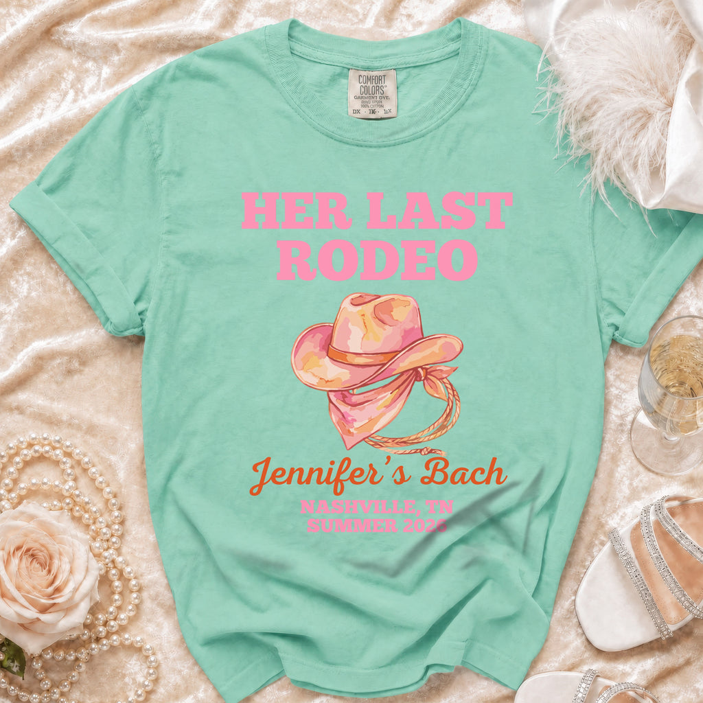 Mint green t-shirt with "HER LAST RODEO" and "Jennifer's Bach" text.