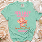 Mint green t-shirt with "HER LAST RODEO" and "Jennifer's Bach" text.