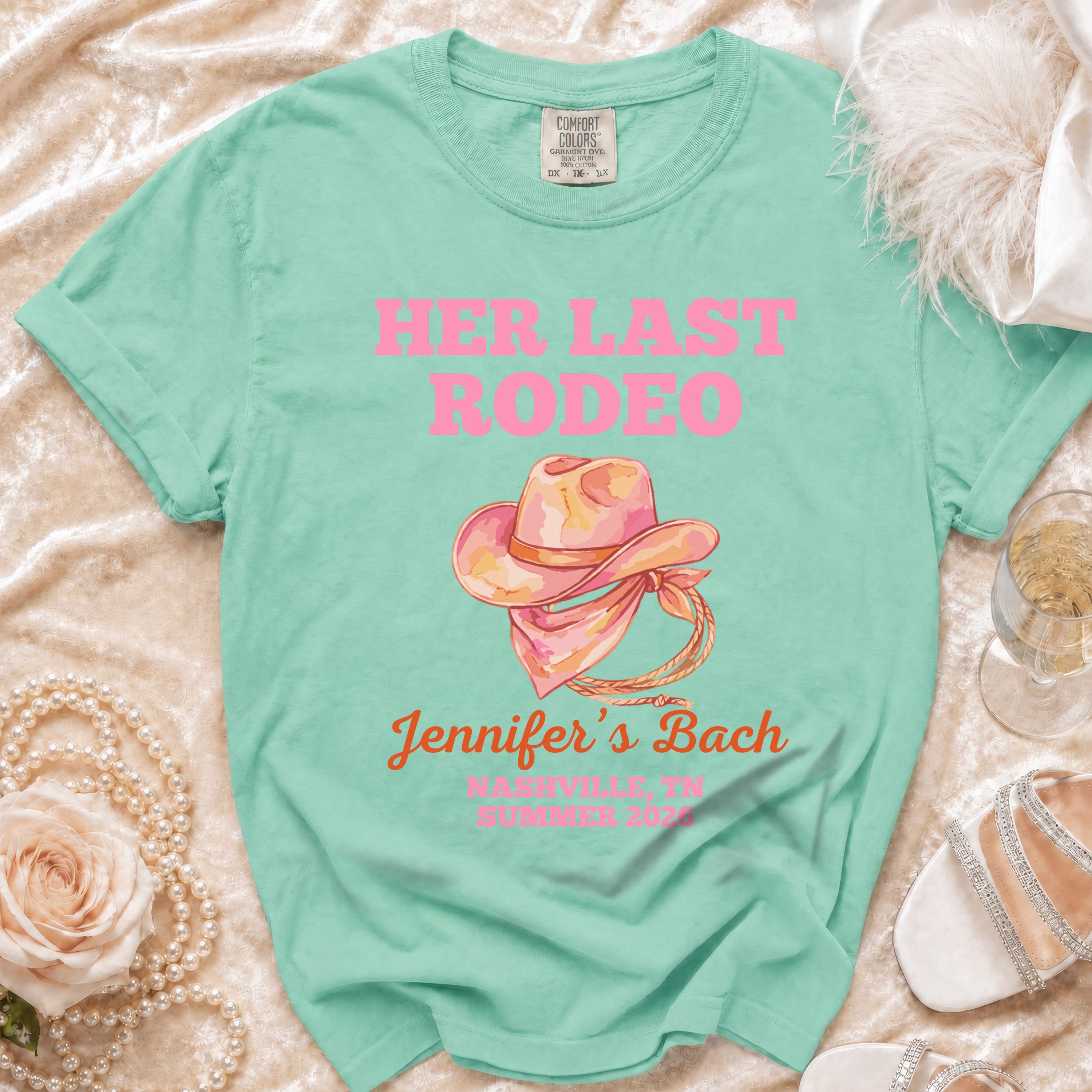 Mint green t-shirt with "HER LAST RODEO" and "Jennifer's Bach" text.