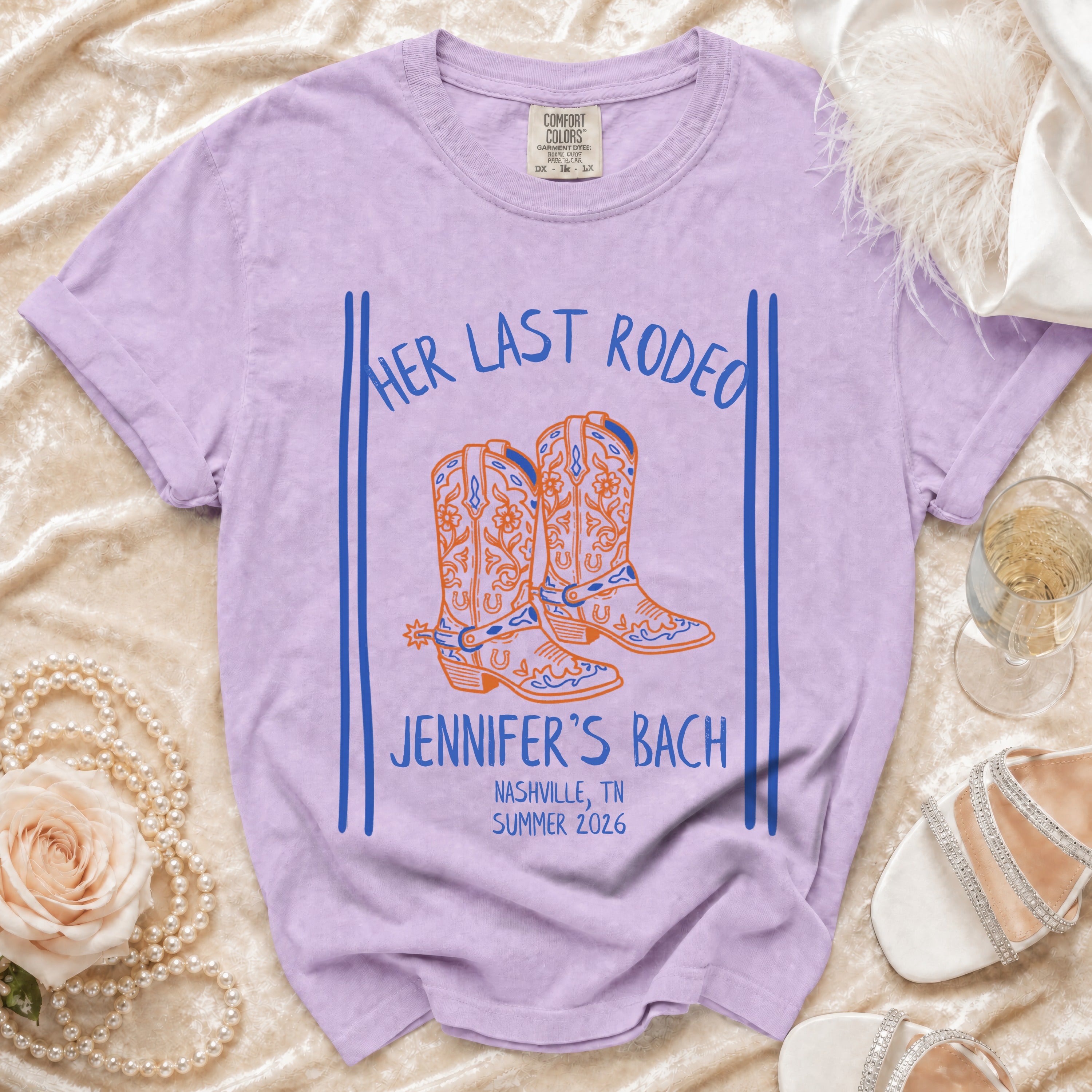 Purple t-shirt with "Her Last Rodeo Jennifer's Bach Nashville TN Summer 2026" text.