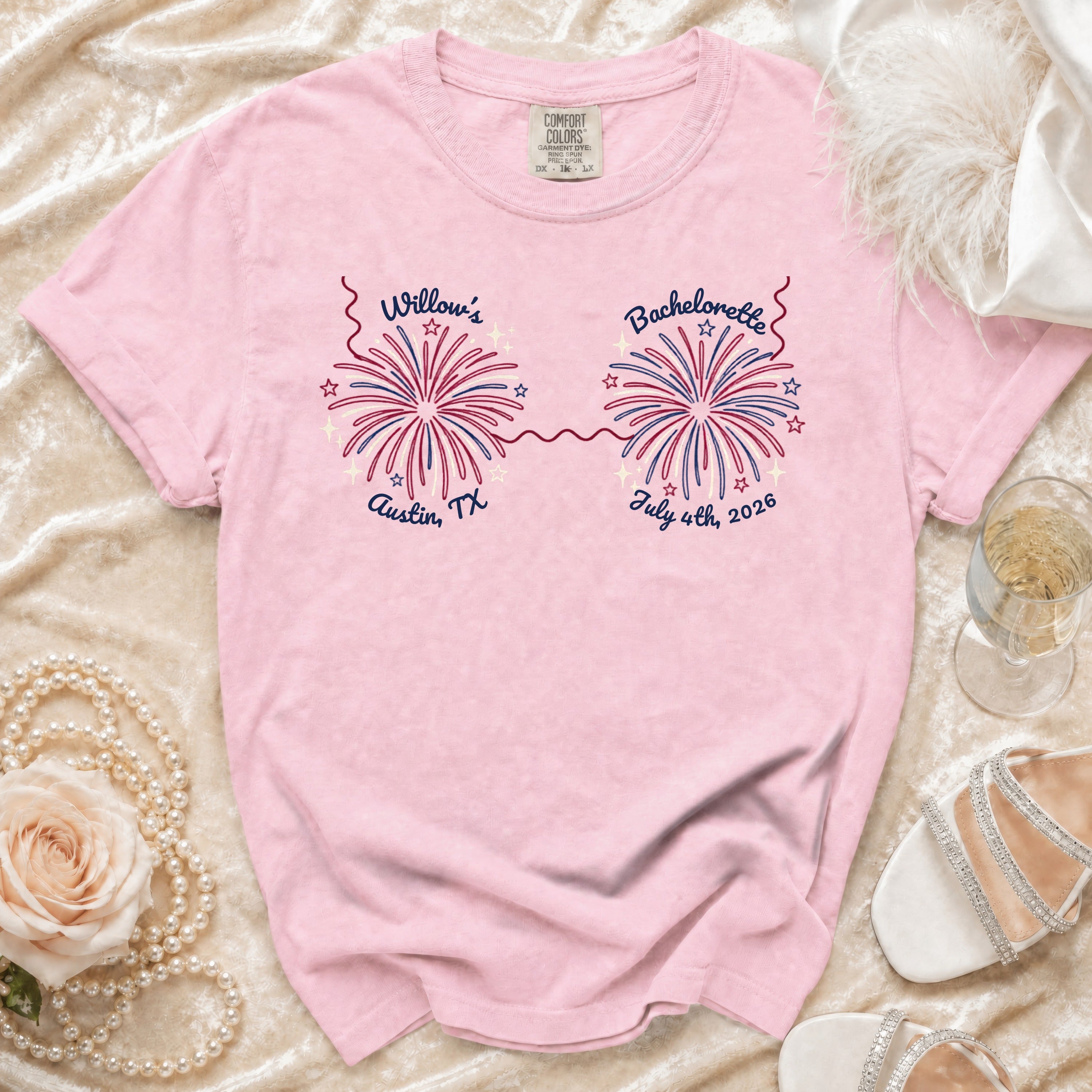 Pink t-shirt with "Willow's Bachelorette" and "July 4th, 2026" text.