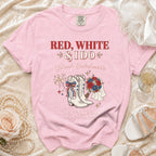 Pink t-shirt with "Red, White & I Do" and bachelorette details.