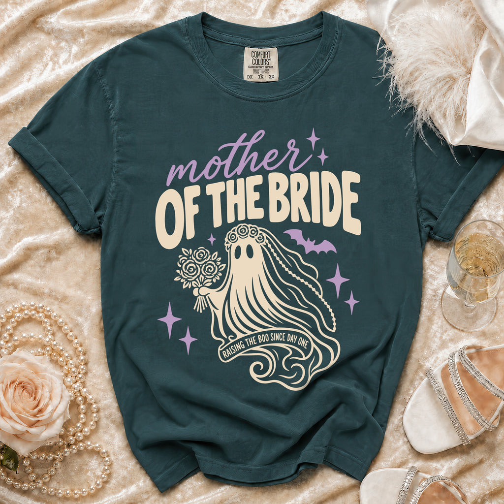 Teal t-shirt with "Mother of the Bride Raising the Boo Since Day One" ghost graphic.
